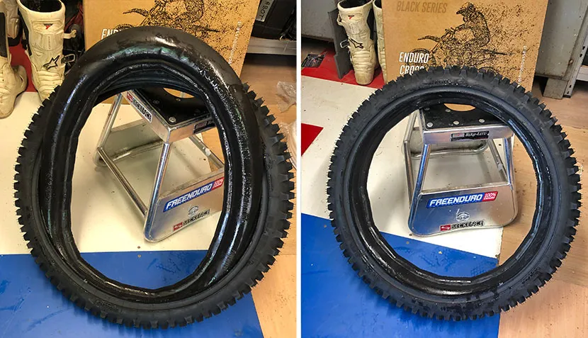 Le profil particulier de la mousse AV complique le mise en place du pneu sur la jante (on a eu du mal à bien positionner la mousse sur le fond de la jante) mousse AV technomousse freenduro