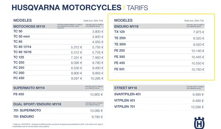 prix husqvarna 2019 enduro tarifs