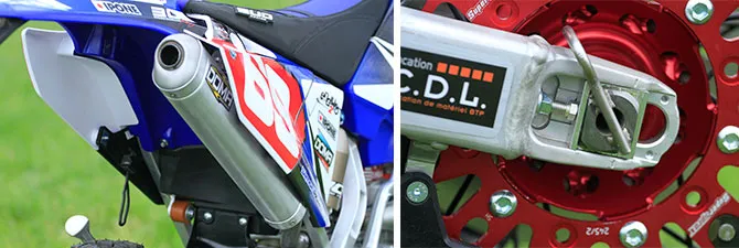 Silencieux Doma long et tire axe de roue arrière silencieux 250 YZ enduro romieu