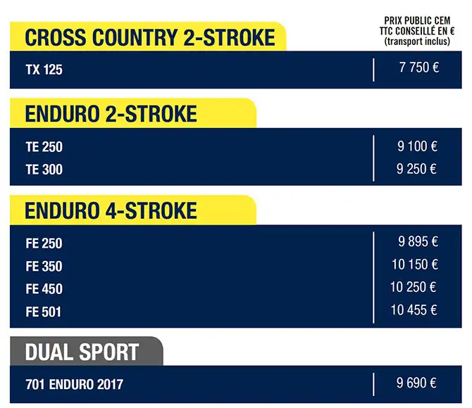tarifs husqvarna enduro 2018 2