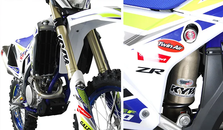 Gros plan sur les éléments Kayaba des modèles Factory sherco kayaba 2019