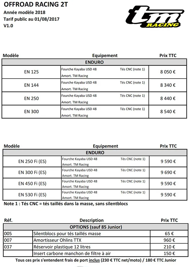 tarifs TM racing 2018 2