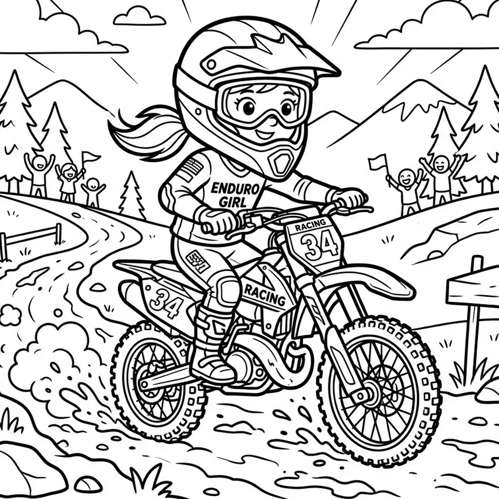 Pilote fille enduro moto à colorier