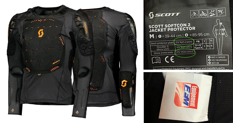 Par exmple le gilet Sofcon 2 de la marque Scott, comporte une étiquette FFM et une étiquette mentionant les normes EN 14021 et 1621-2 gilet scott softcon homologue ffm