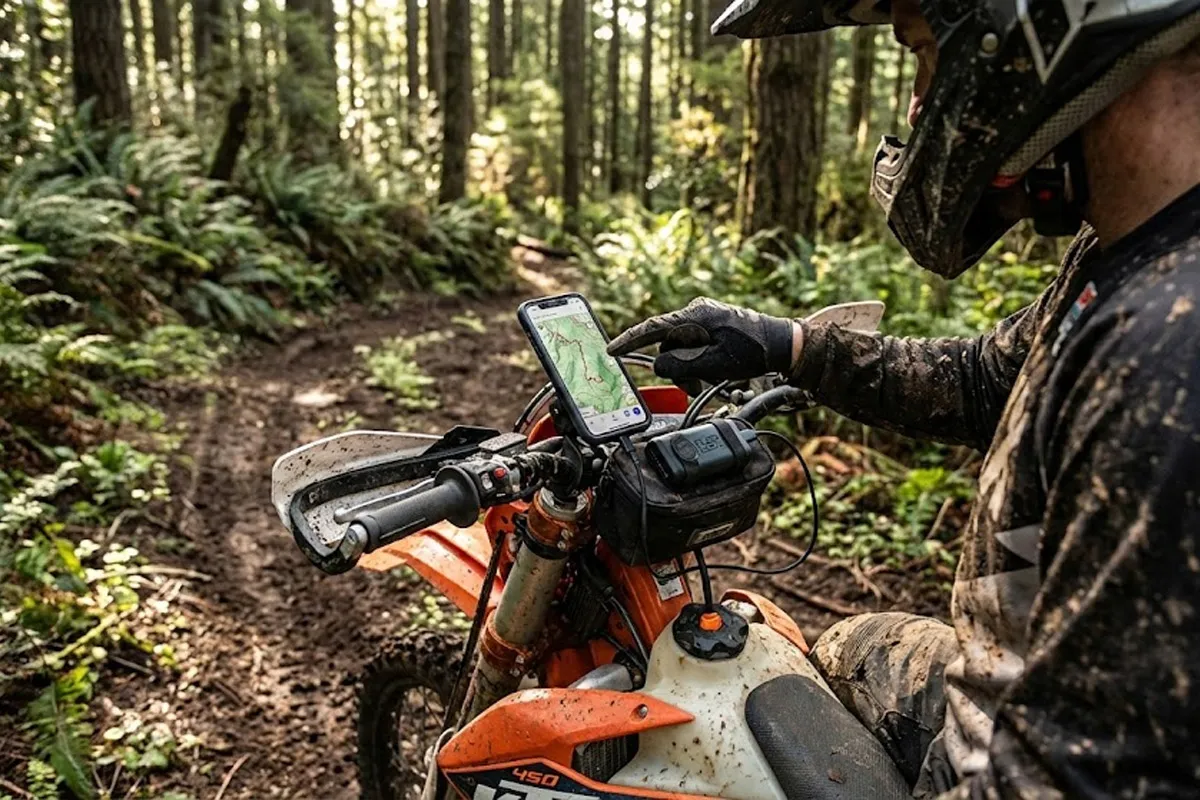 GPS moto pilote d'enduro en foret 
