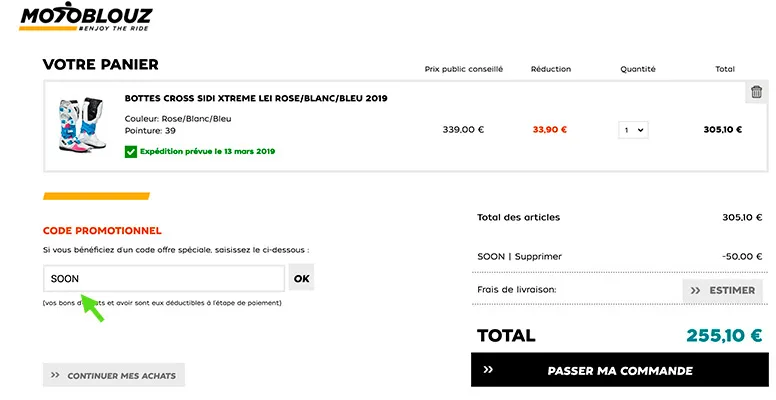 Utilisez le code promo SOON dans votre panier pour bénéficier de 50€ de remise supplémentire motoblouz promo sidi bottes