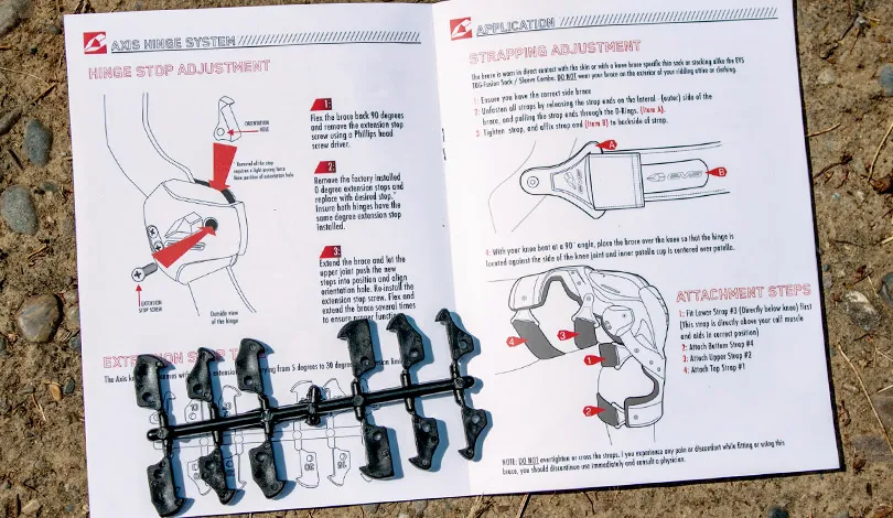 Gros plan sur la notice expliquant la mise en place des différentes butées de limitation d'hyperextension orthese evs axis sport test freenduro 9