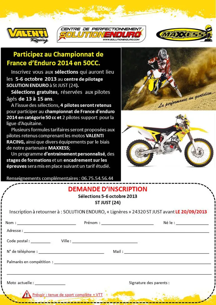 formulaire inscription sélection pilotes enduro 50cc