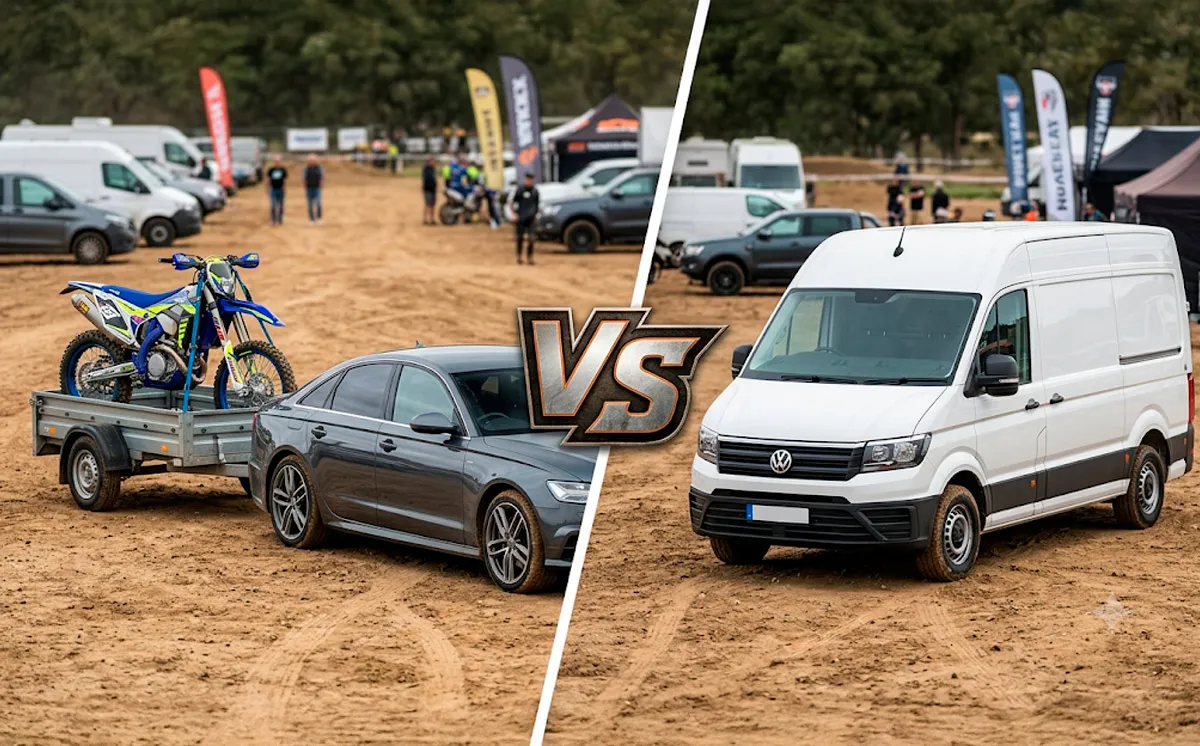 remorque et voiture face à  Fourgon pour transporter moto